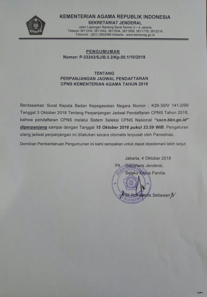 Perpanjangan Jadwal Pendaftaran CPNS Kementerian Agama Tahun 2018