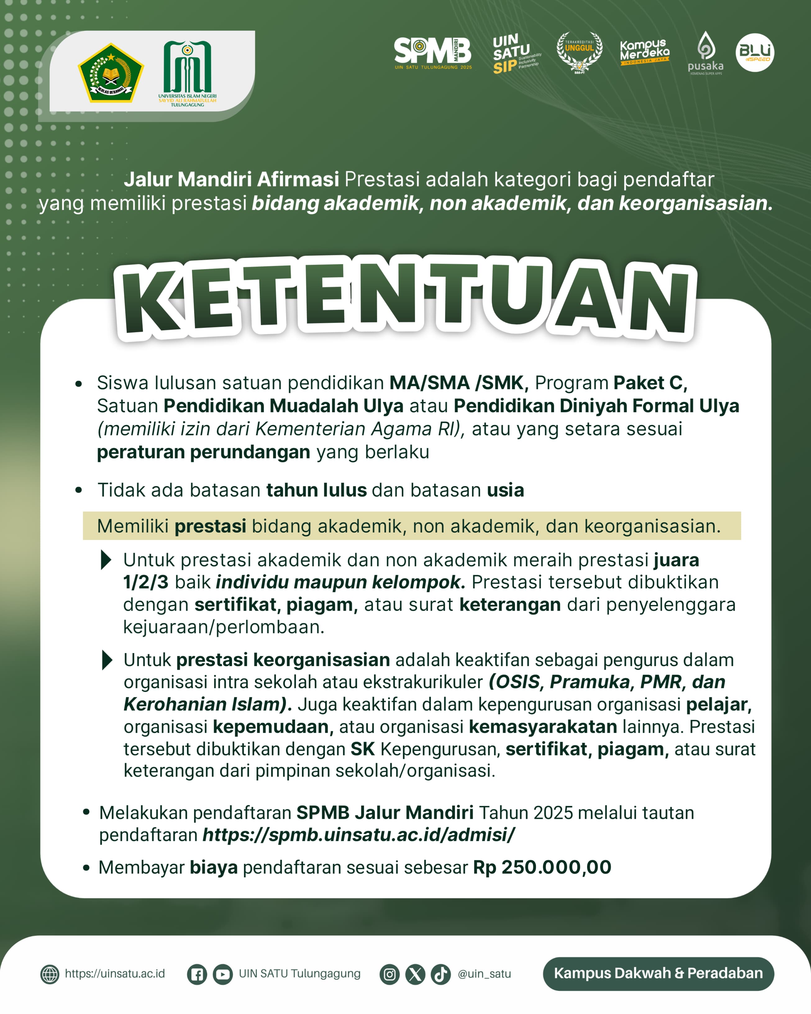 Pengumuman Pendaftaran SPMB Mandiri Afirmasi Prestasi UIN Sayyid Ali Rahmatullah Tulungagung Tahun 2025 3 flyer afirmasi prestasi 2