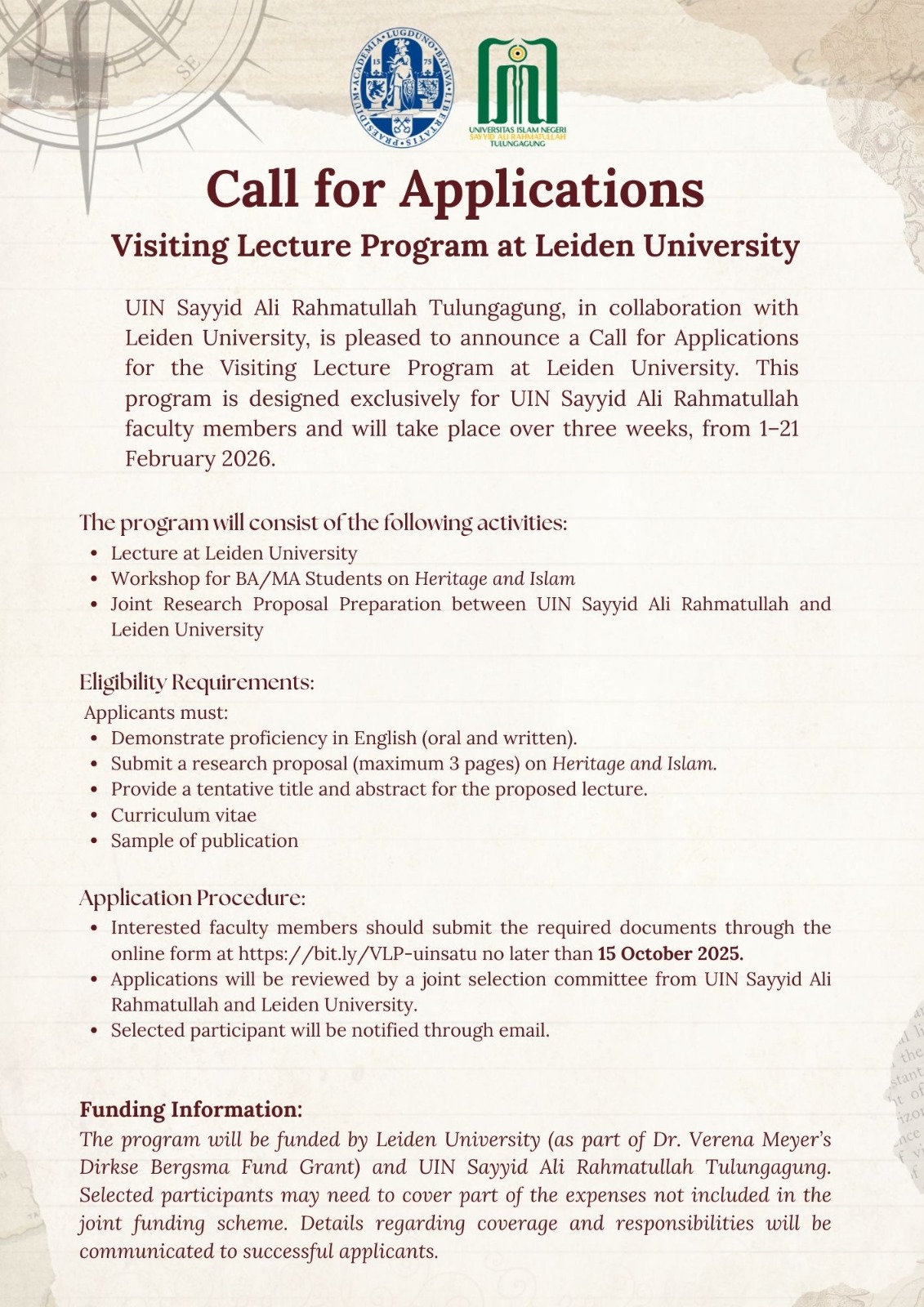 UIN SATU Buka Kesempatan Dosen Jadi Visiting Lecturer di Universitas Leiden 2 CfA Visiting Lecturer UINSATU Leiden Flyer