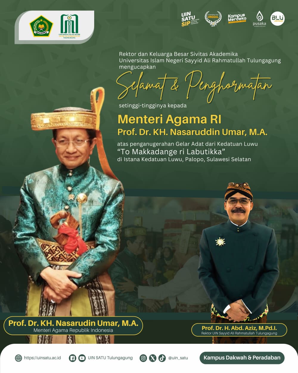 Menag RI – Penganugerahan Gelar Adat dari Kedatuan Luwu “Tu Makkadange ri Labutikka” Palopo, Sulawesi Selatan