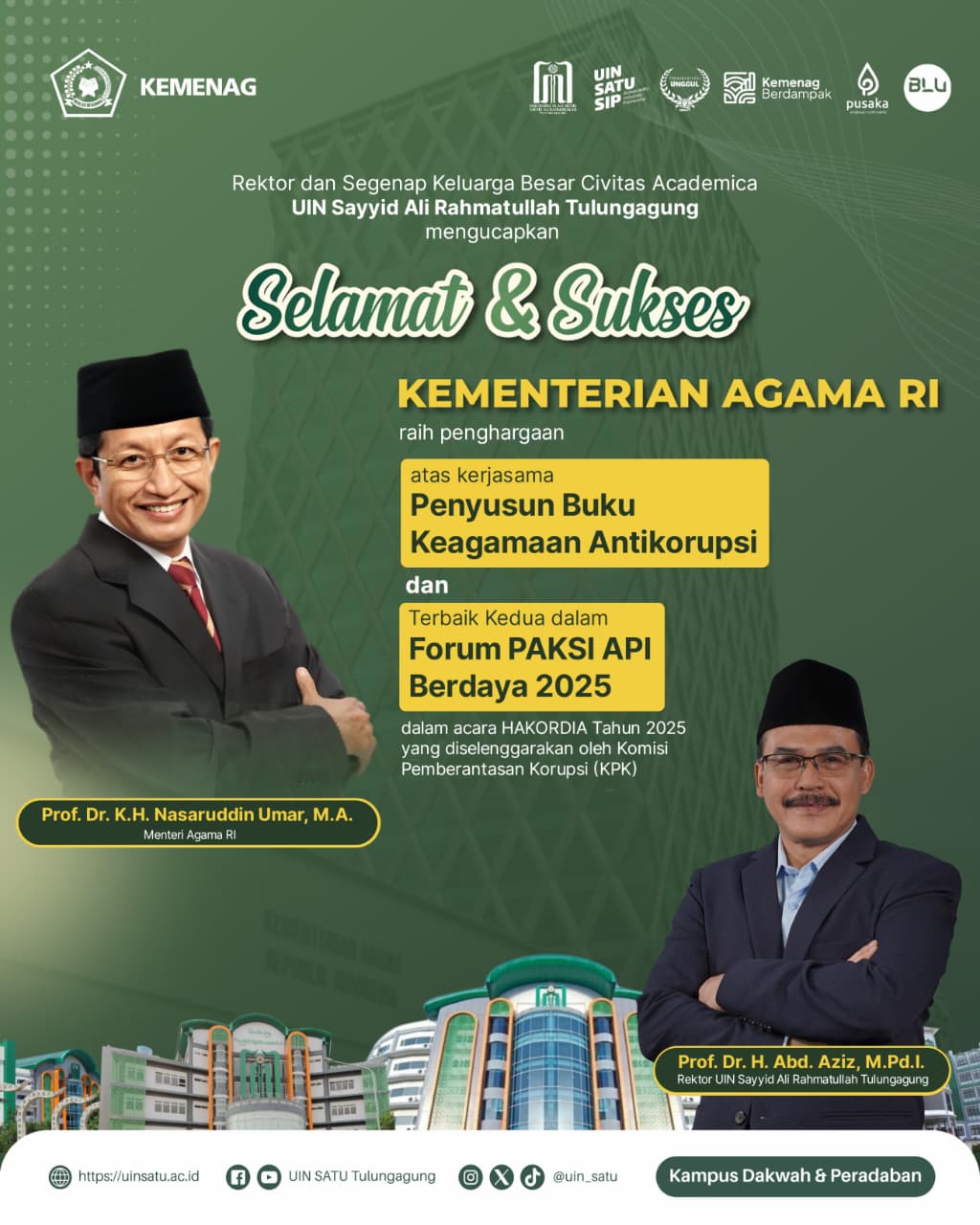 Menag RI – Penghargaan Kerjasama Penyusunan Buku Keagamaan Antikorupsi dan Terbaik kedua dalam Forum PAKSI API Berdaya 2025