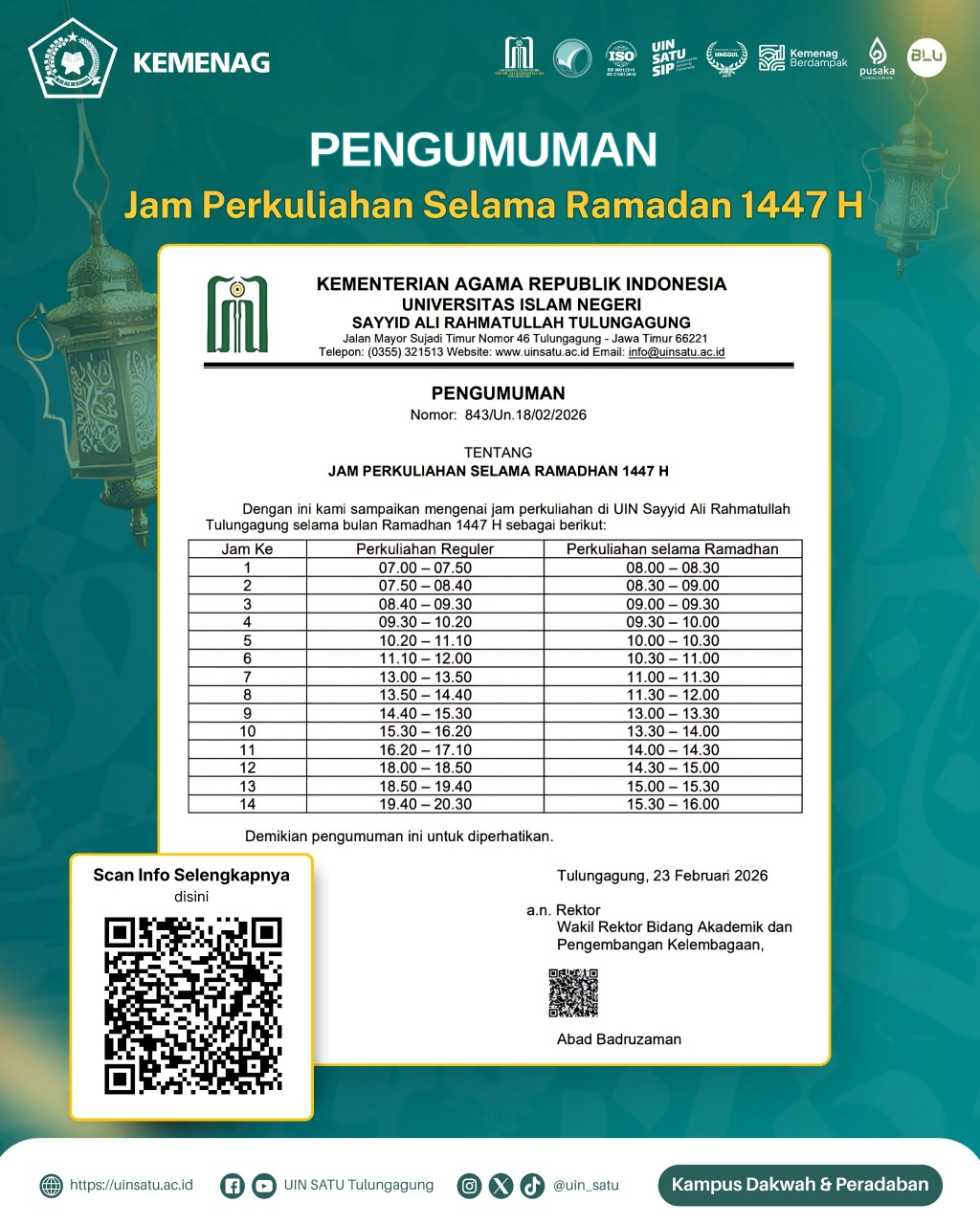 Pengumuman tentang Jam Perkuliahan Selama Ramadhan 1447 H