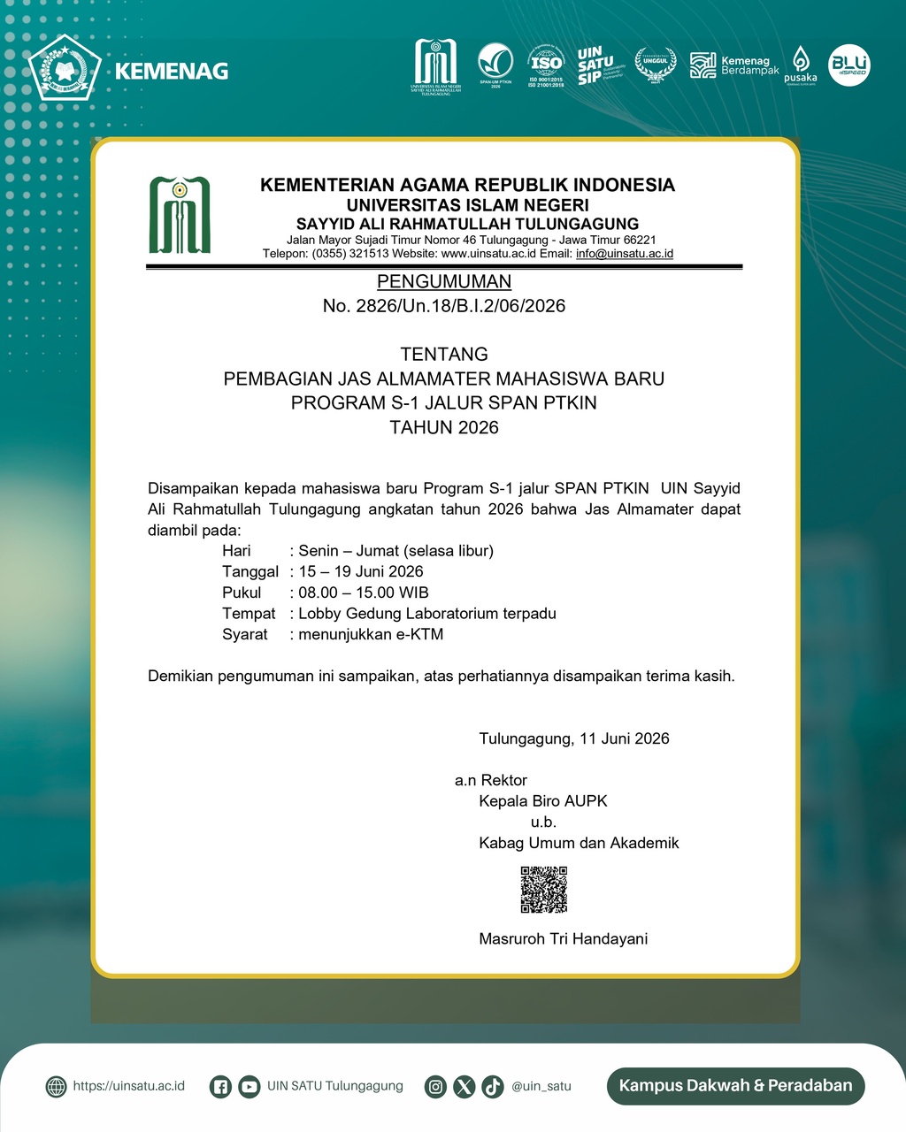 Pengumuman Pembagian Jas Almamater Mahasiswa Baru Program S-1 Jalur SPAN PTKIN Tahun 2026 1 20260430 pengumuman seleksi wawancara beasiswa kebanksentralan 1 1
