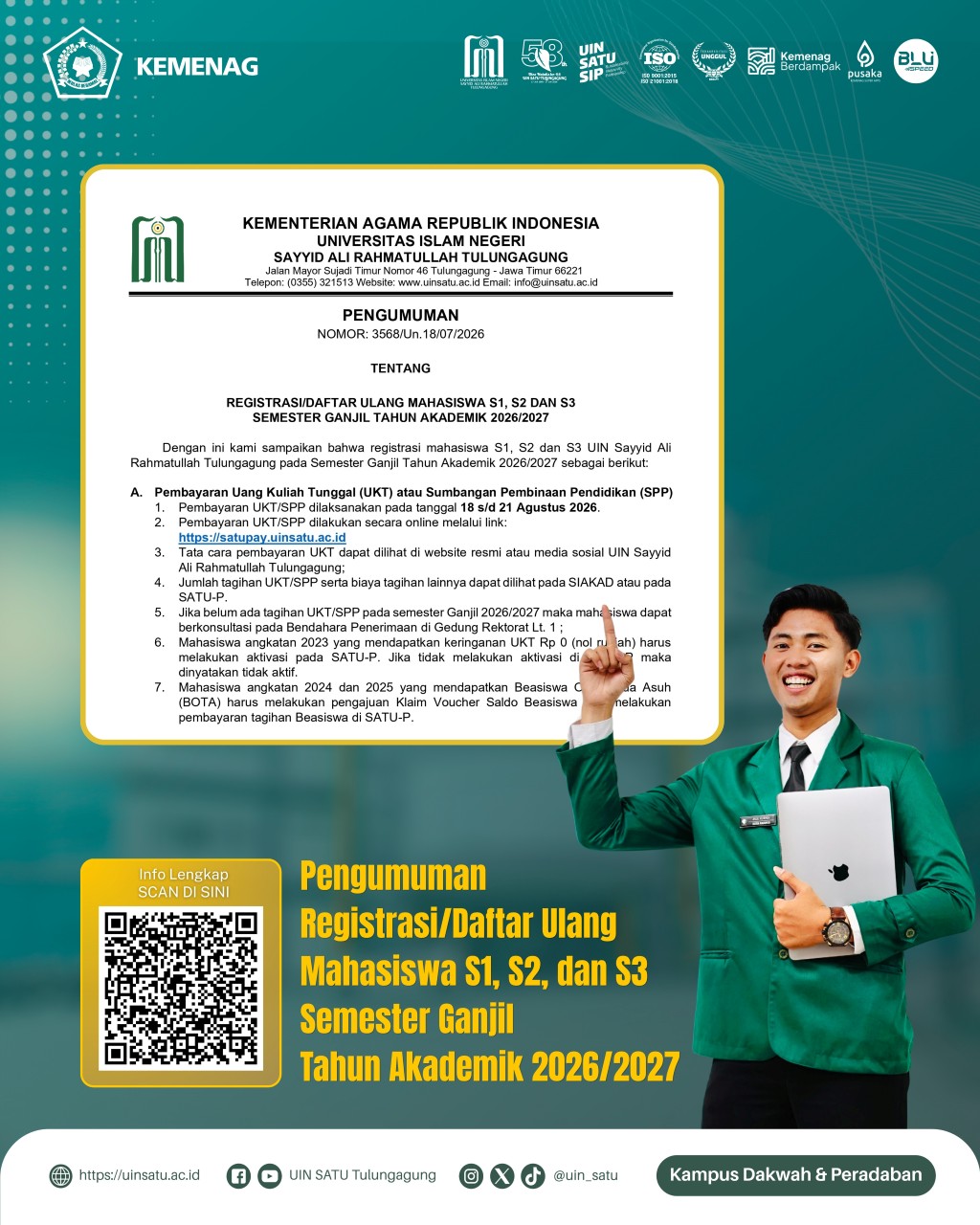Pengumuman Registrasi/Daftar Ulang Mahasiswa S1, S2, dan S3 Semester Ganjil Tahun Akademik 2026/2027