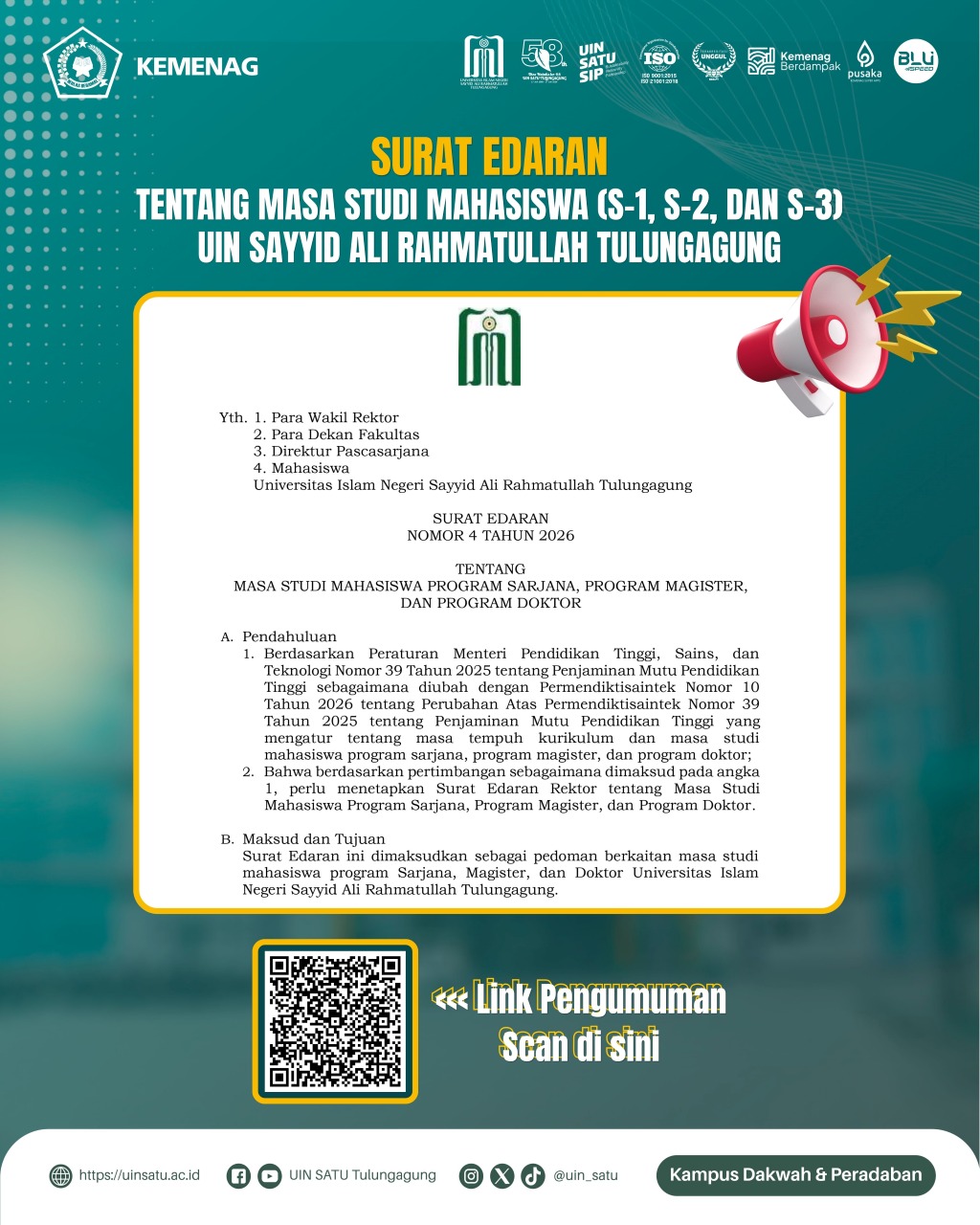 Surat Edaran Nomor 4 Tahun 2026 tentang Masa Studi Mahasiswa Program Sarjana, Magister, dan Doktor 1 flyer SE 4 2026 Masa Studi Mahasiswa